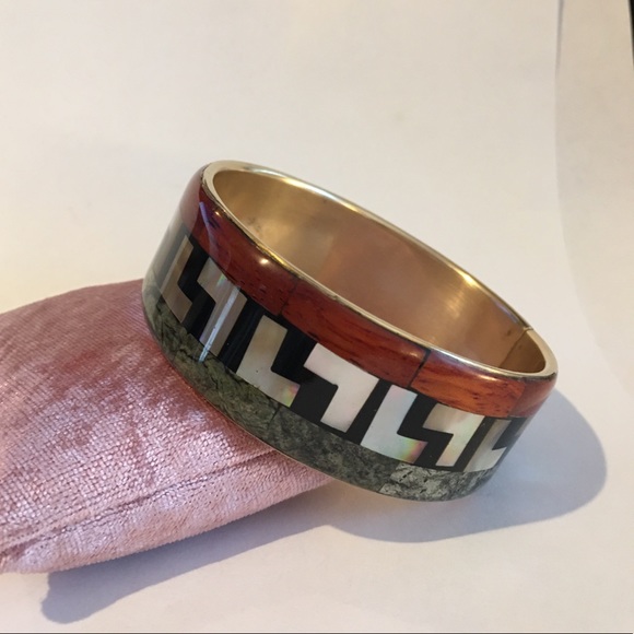 Vintage Jasper MOP wood brass bangle - Picture 5 of 6